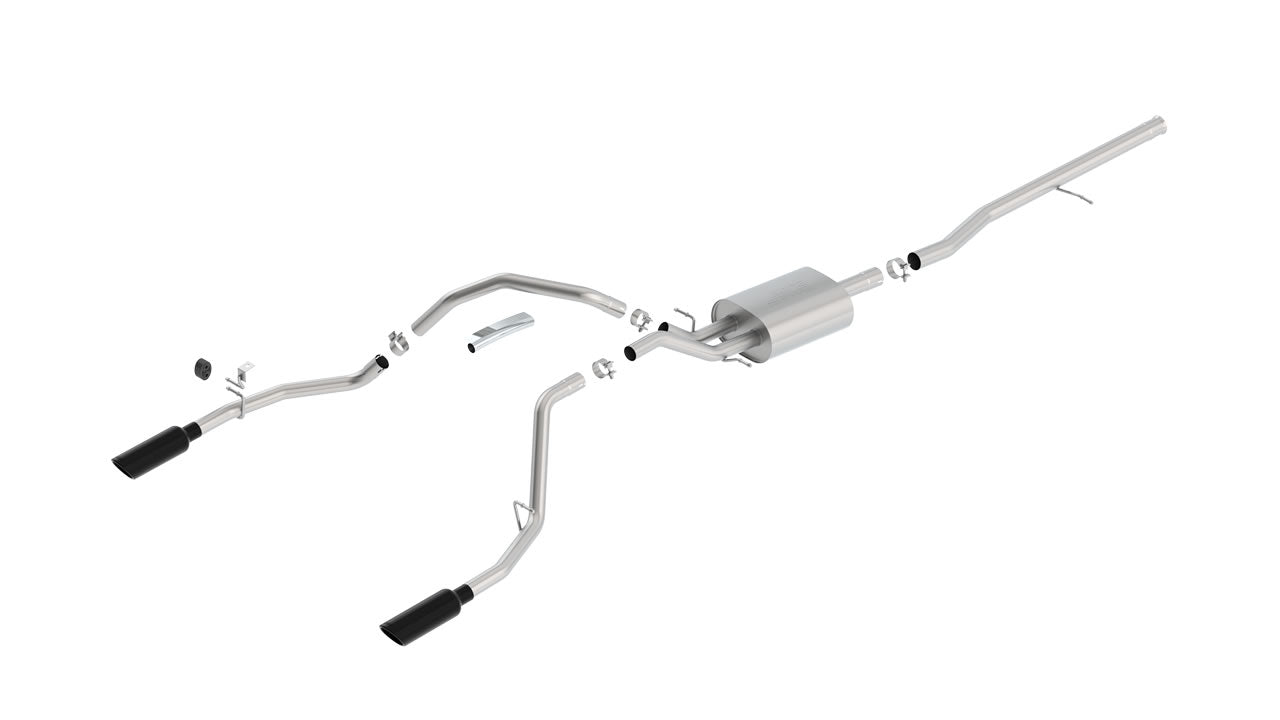 Borla 14 Sierra 1500 C/B S-Type Exhaust/2.75in Into Dual 2.25in Out 4in Split Rear Exit-Black Chrome